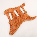 hand-tooled leather replacement Stratocaster Strat pickguard, tan, wild rose tooling